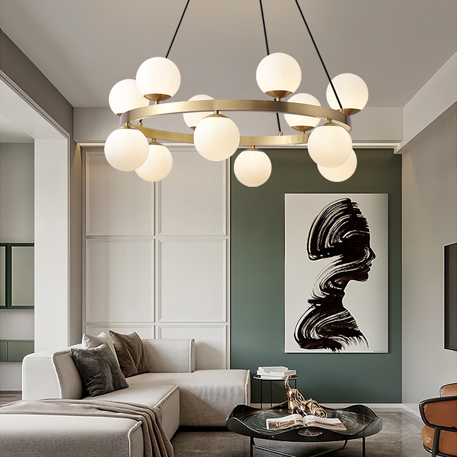 Aben Chandelier Globe Brass Ring-Neutral Decor