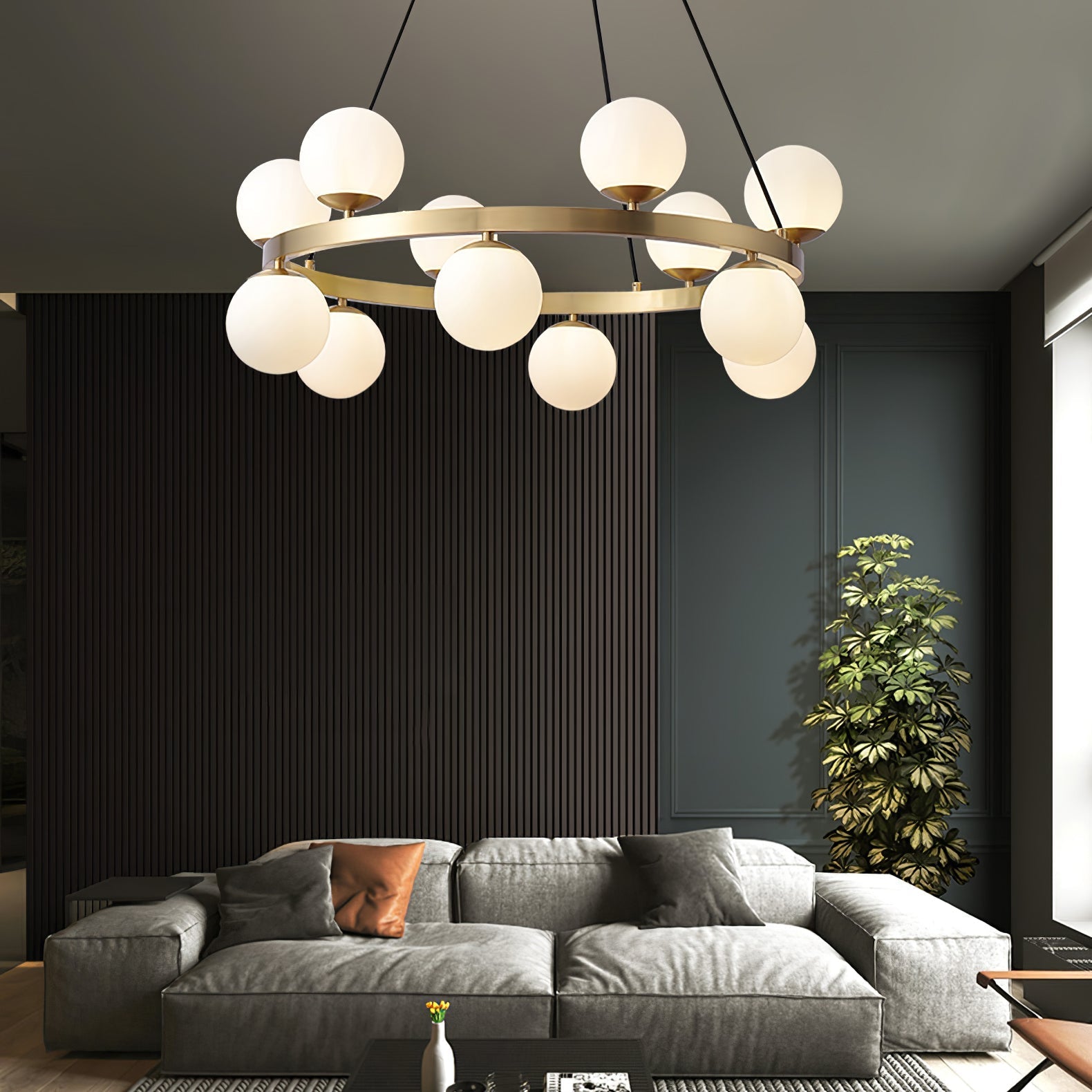 Aben Chandelier Globe Brass Ring-Neutral Decor