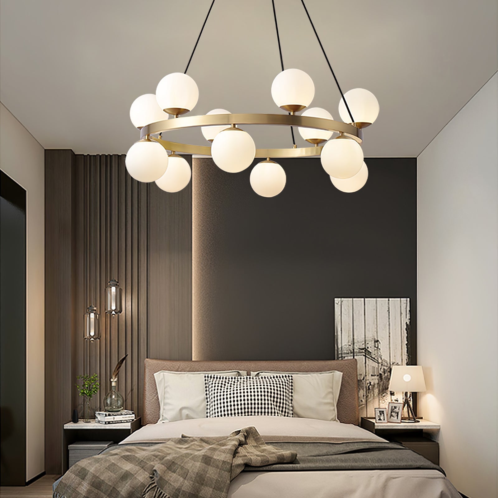 Aben Chandelier Globe Brass Ring-Neutral Decor