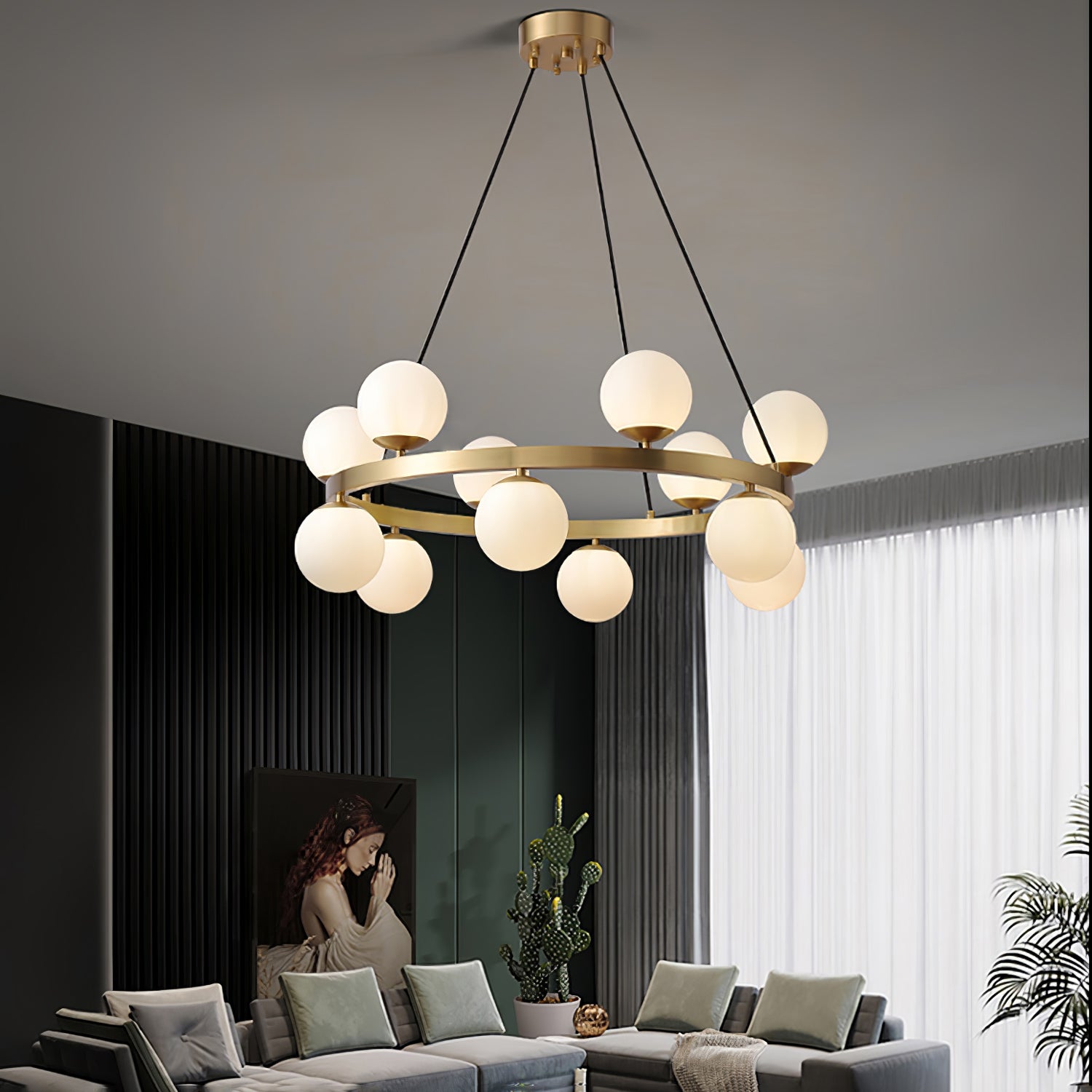 Aben Chandelier Globe Brass Ring-Neutral Decor