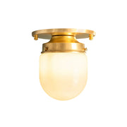 Bullet-shaped spherical ceiling lamp in brass finish against a plain background.