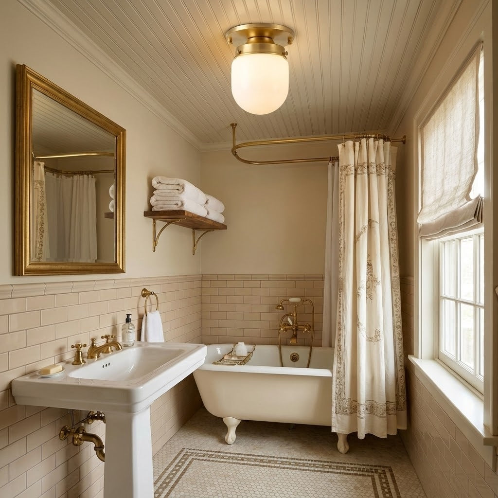 Close-up view of the white glass shade and brass fixture of the ceiling lamp.