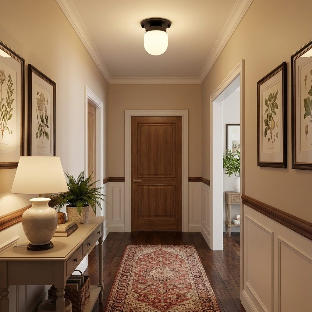 Bullet-shaped spherical ceiling lamp presented in a contemporary nickel finish.