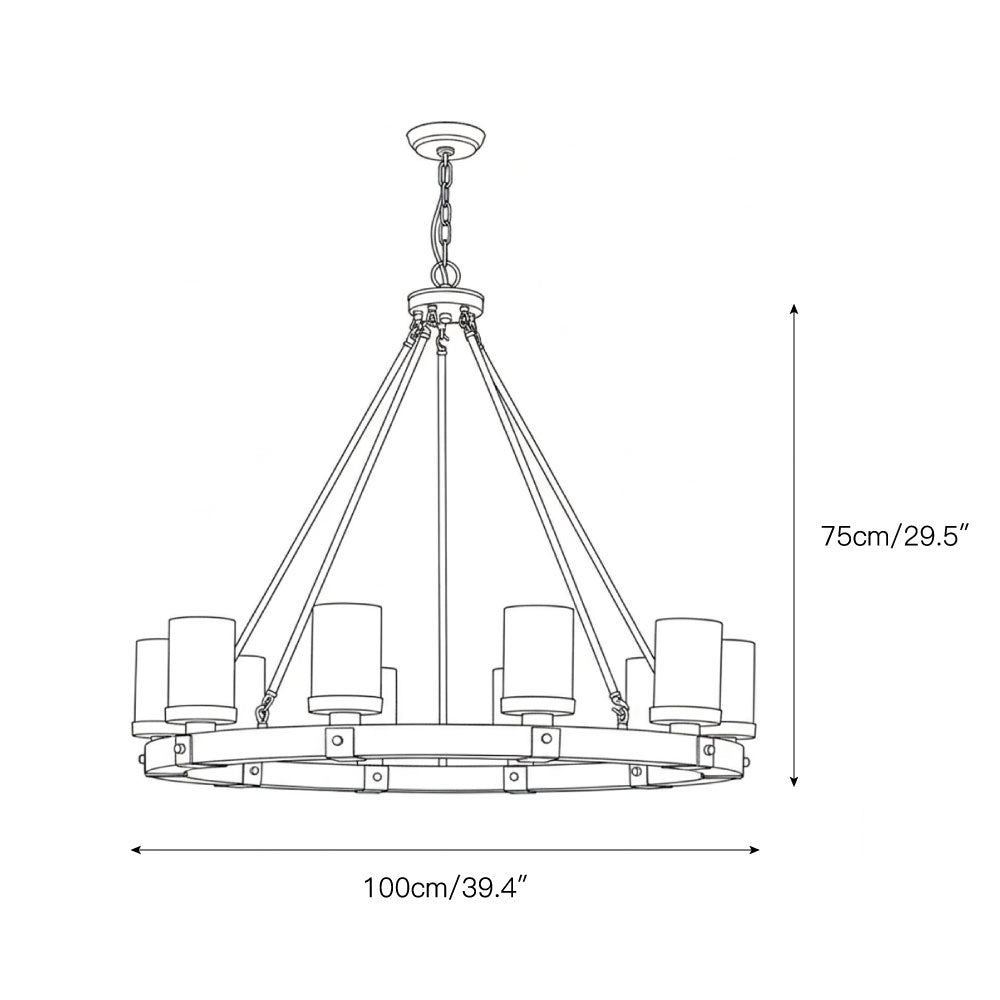 Detail shot of the over-scaled glass cylinder shade on the Cabot chandelier.