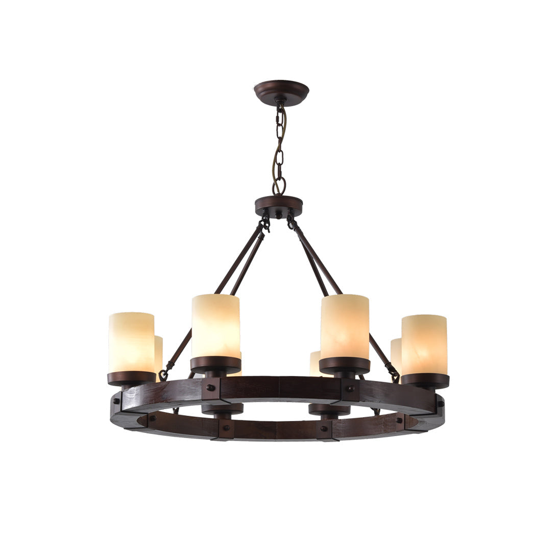 Cabot rustic chandelier with a wood and iron frame against a plain background.