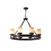 Cabot rustic chandelier with a wood and iron frame against a plain background.