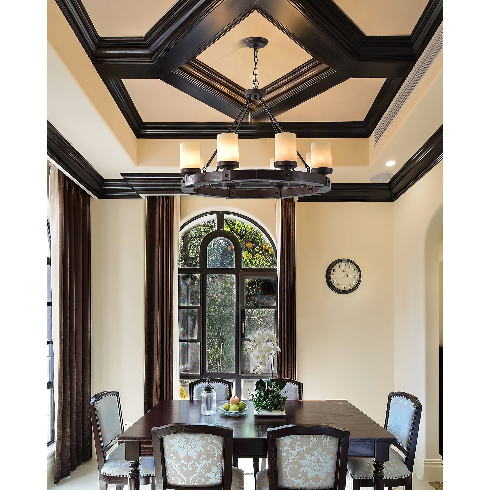 Side profile of the Cabot chandelier showcasing its height and chain.