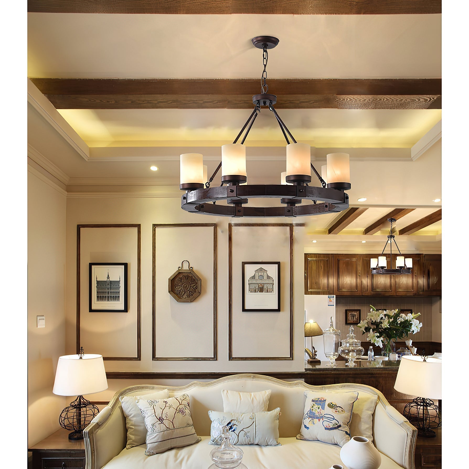 Cabot chandelier illuminated in a dimly lit dining area.