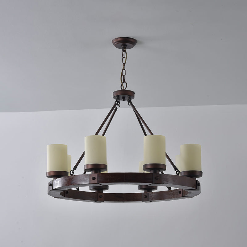 The Cabot chandelier shown with vintage-style Edison bulbs.