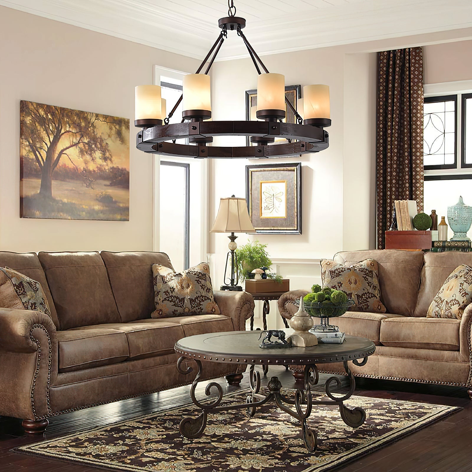 Angled view of the Cabot rustic chandelier showing its circular wood structure.