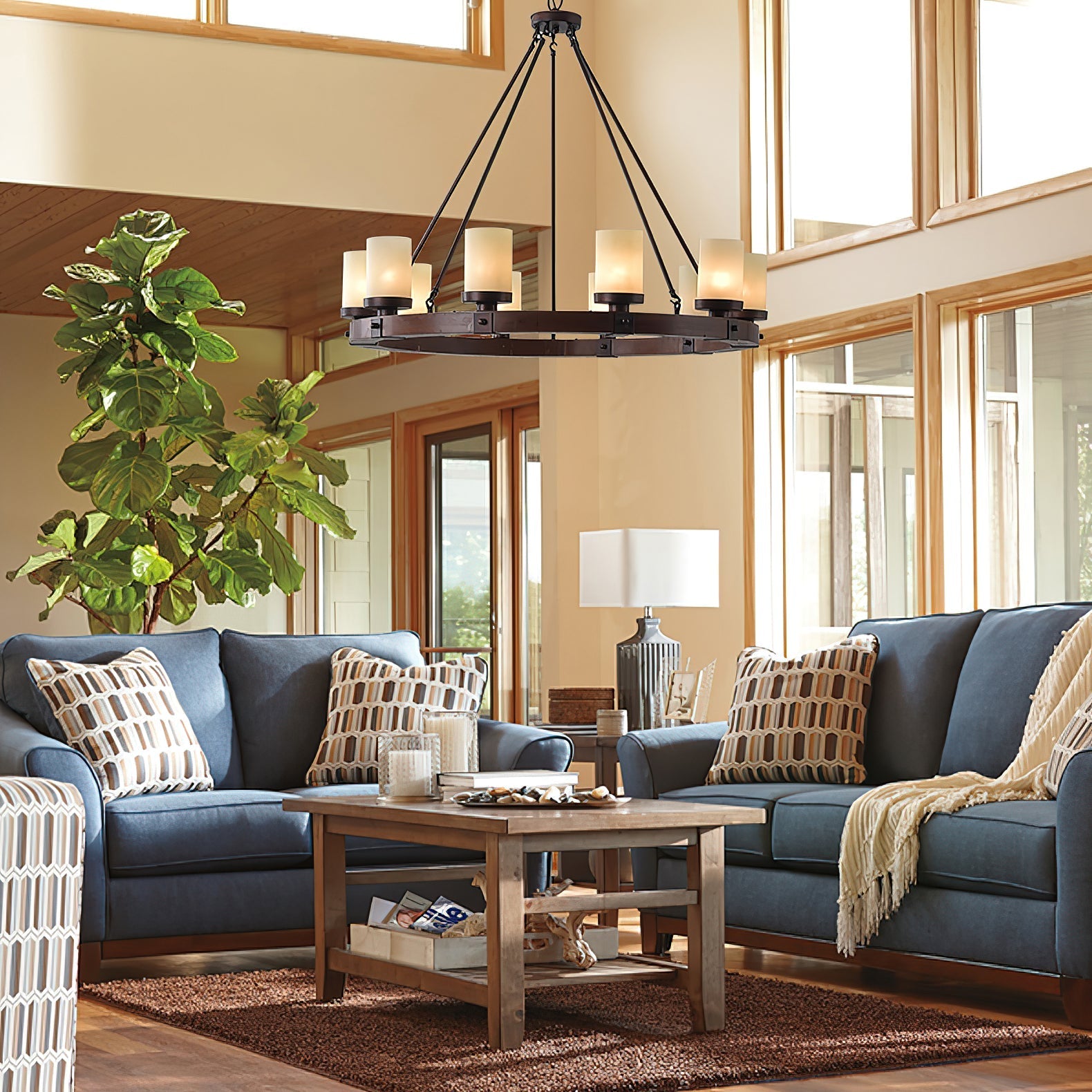The 10-head version of the Cabot rustic wood chandelier.