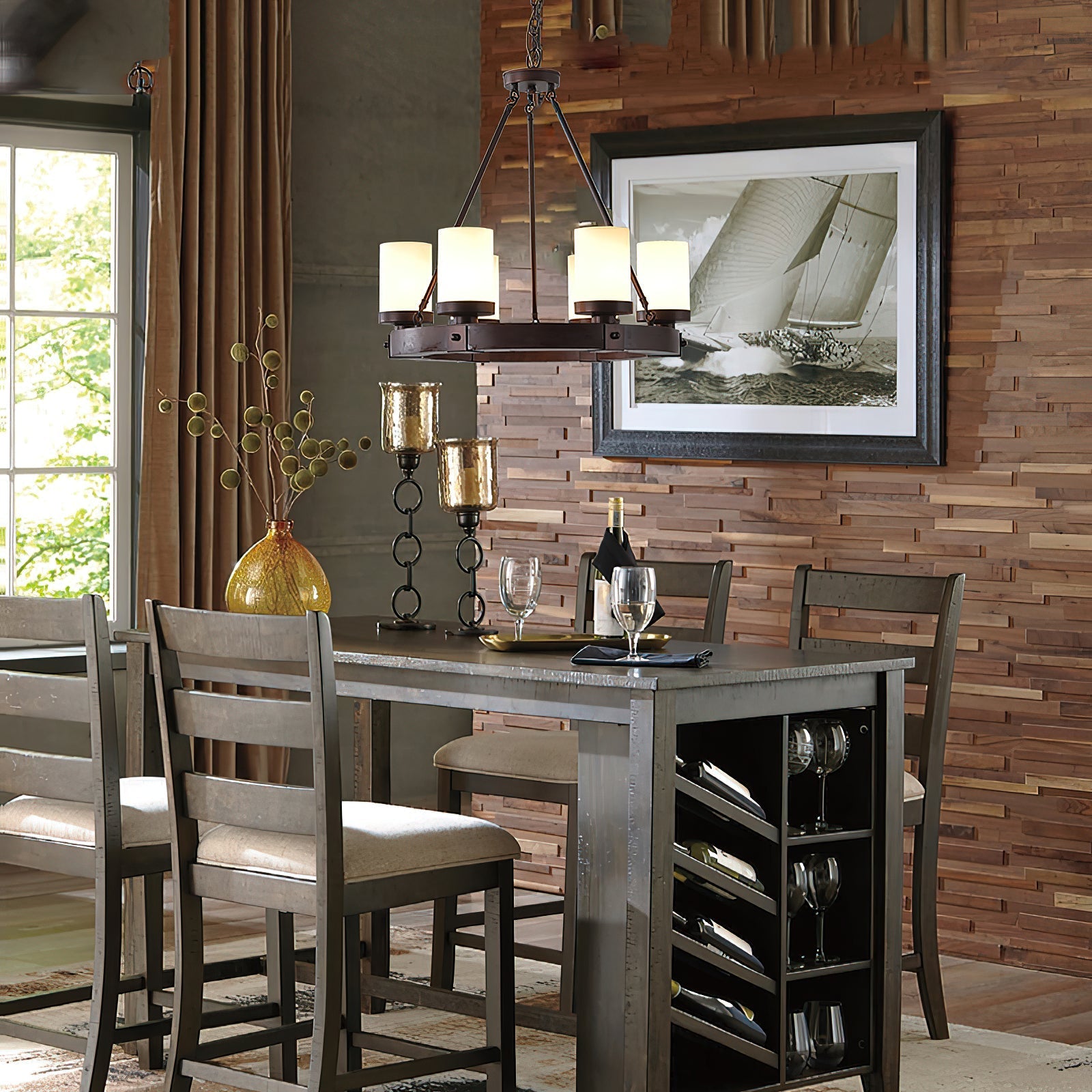The 8-head version of the Cabot rustic wood chandelier.
