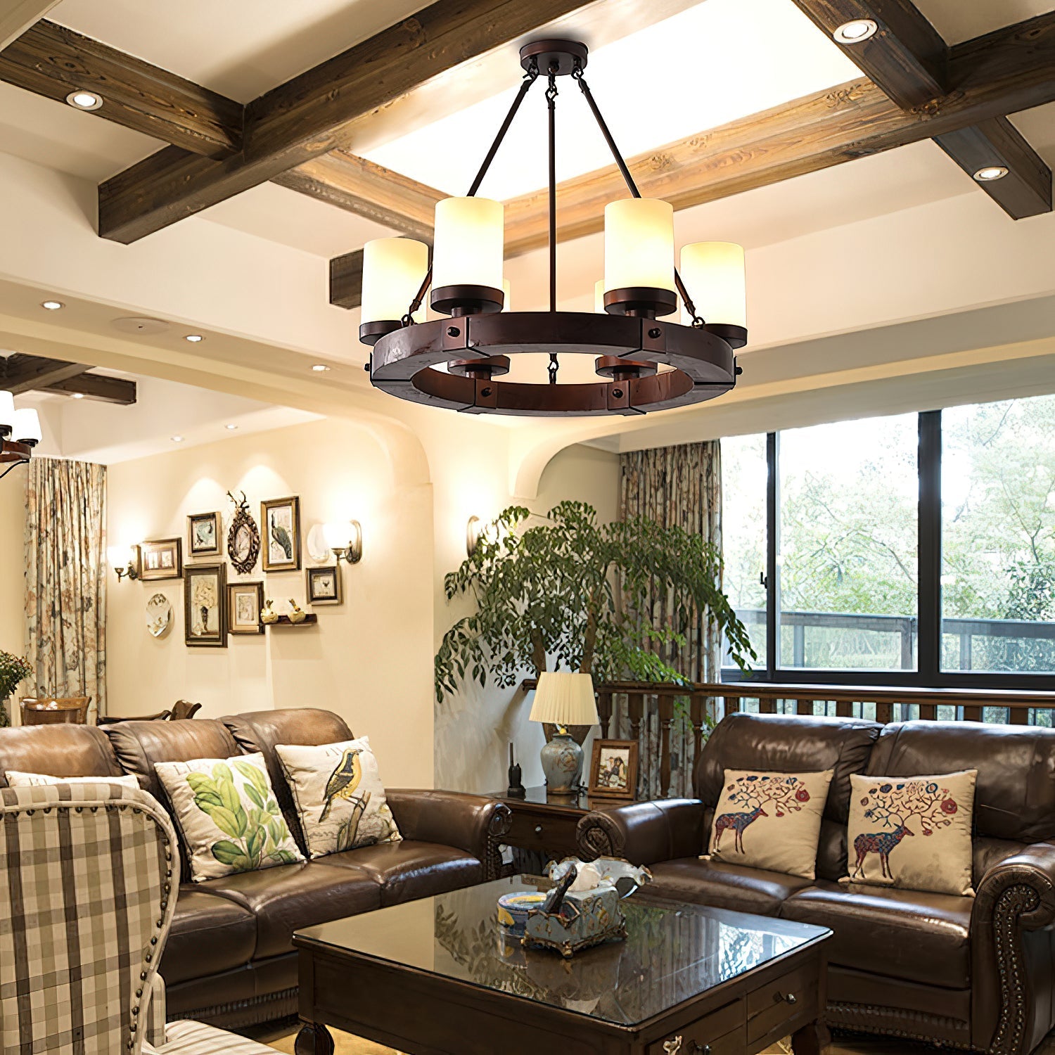 The 6-head version of the Cabot rustic wood chandelier.
