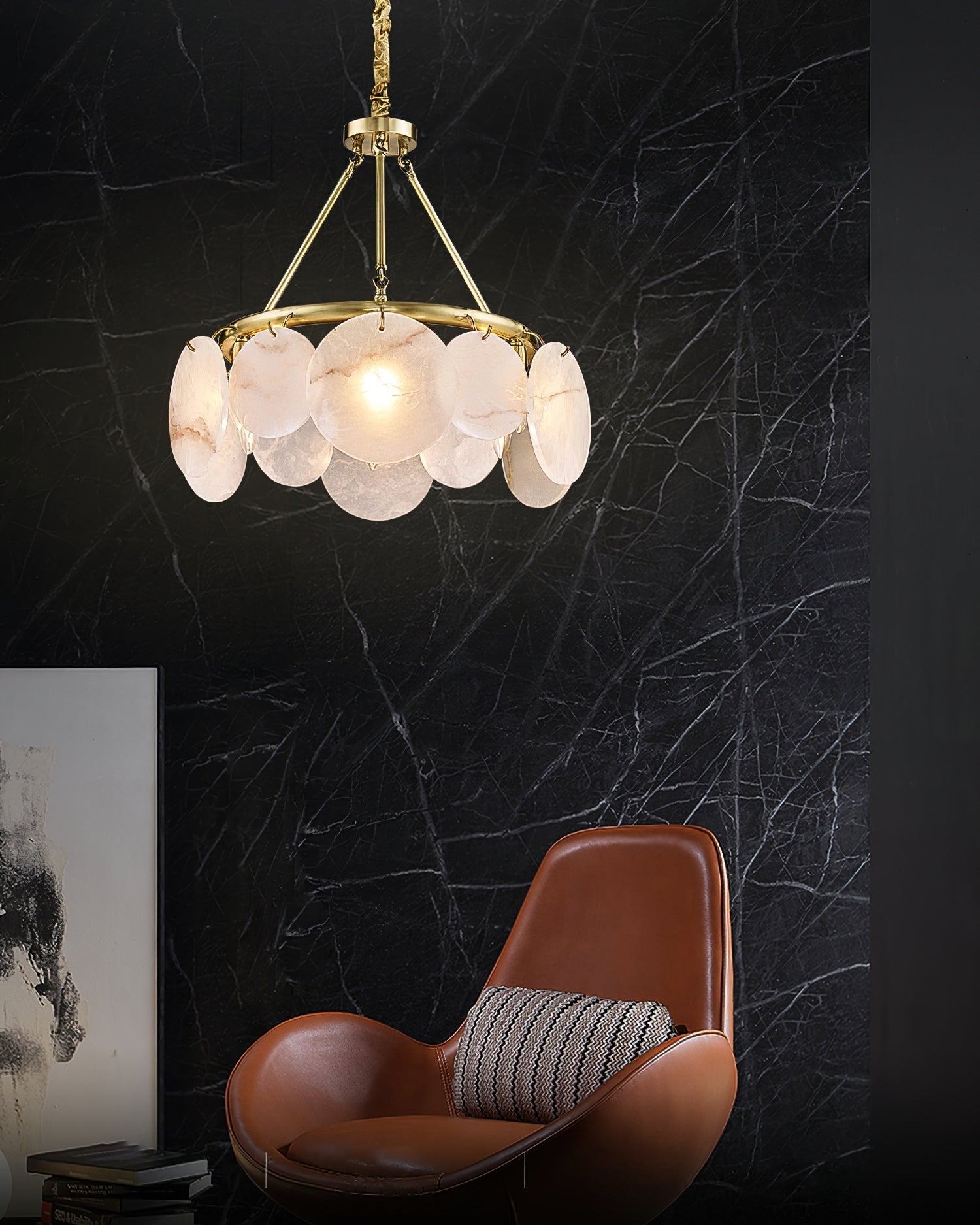 Angled shot showcasing the layered, shell-like design of the chandelier.