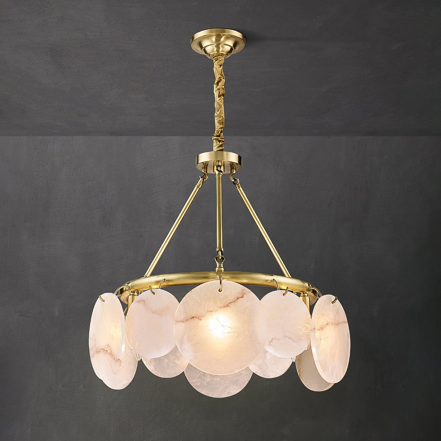 Detail of the brass frame and the unique veining of an alabaster shade.