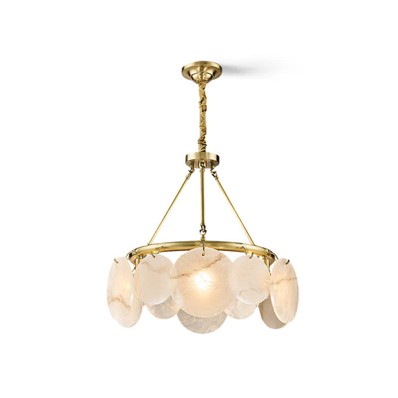 The warm glow of the Calamete Chandelier when illuminated at night.