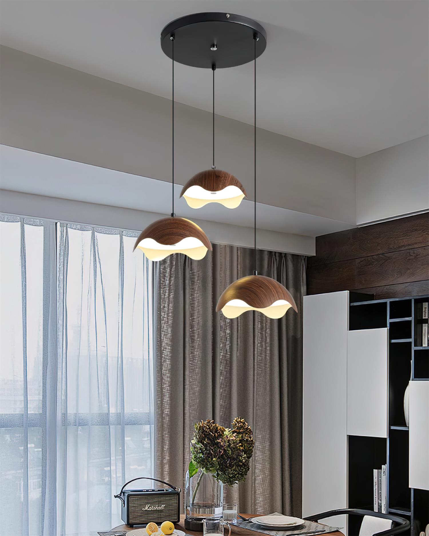 Pendant Lamp Wood-Grain Metal Shade Wave Ambient Minimalist