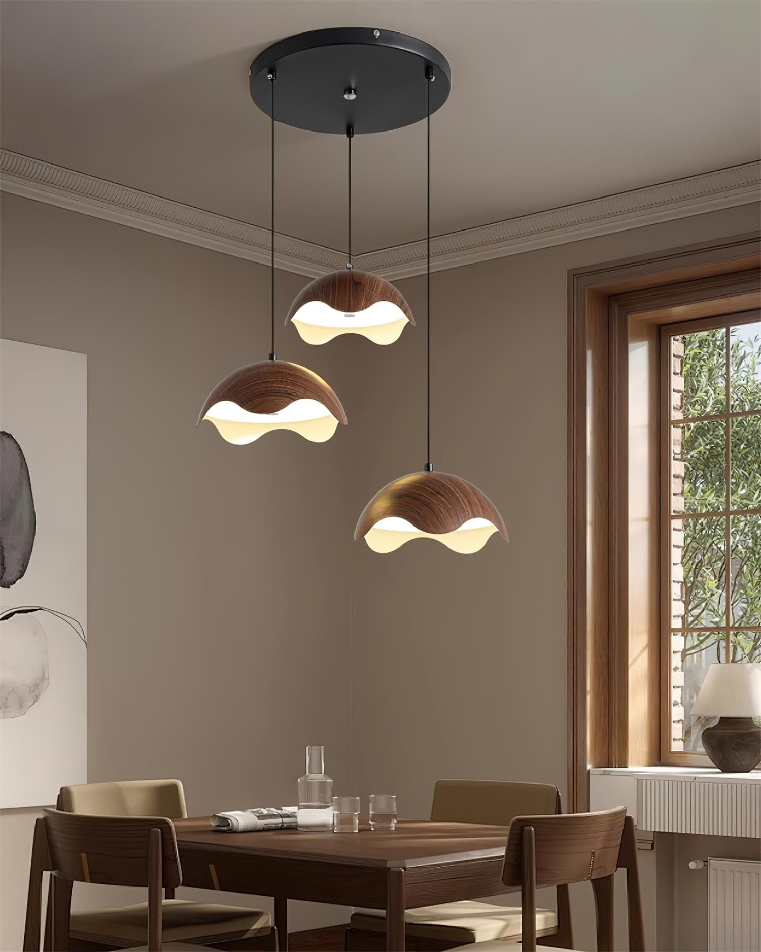 Pendant Lamp Wood-Grain Metal Shade Wave Ambient Minimalist
