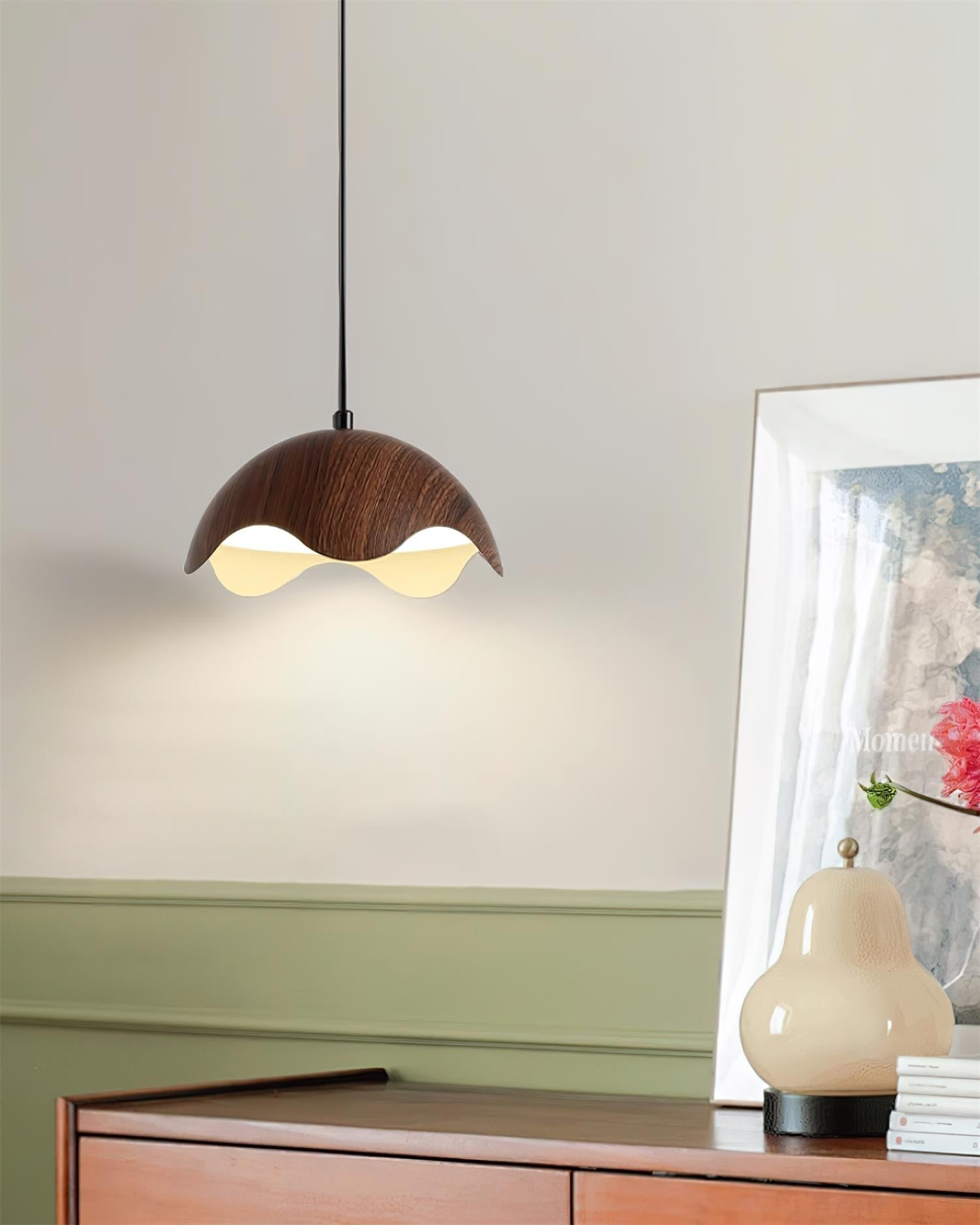 Pendant Lamp Wood-Grain Metal Shade Wave Ambient Minimalist