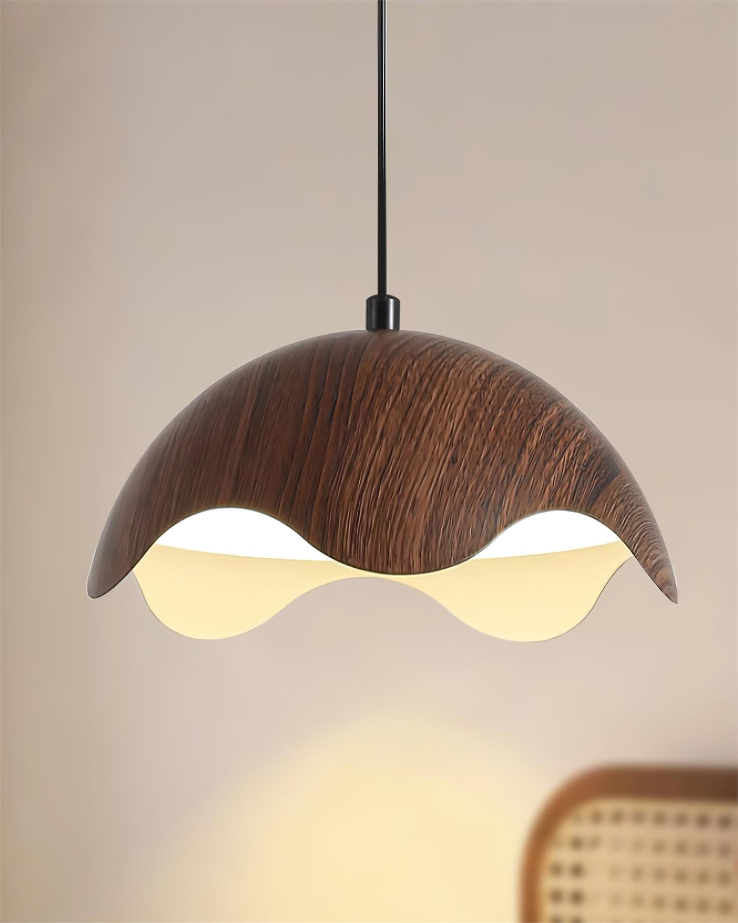 Pendant Lamp Wood-Grain Metal Shade Wave Ambient Minimalist