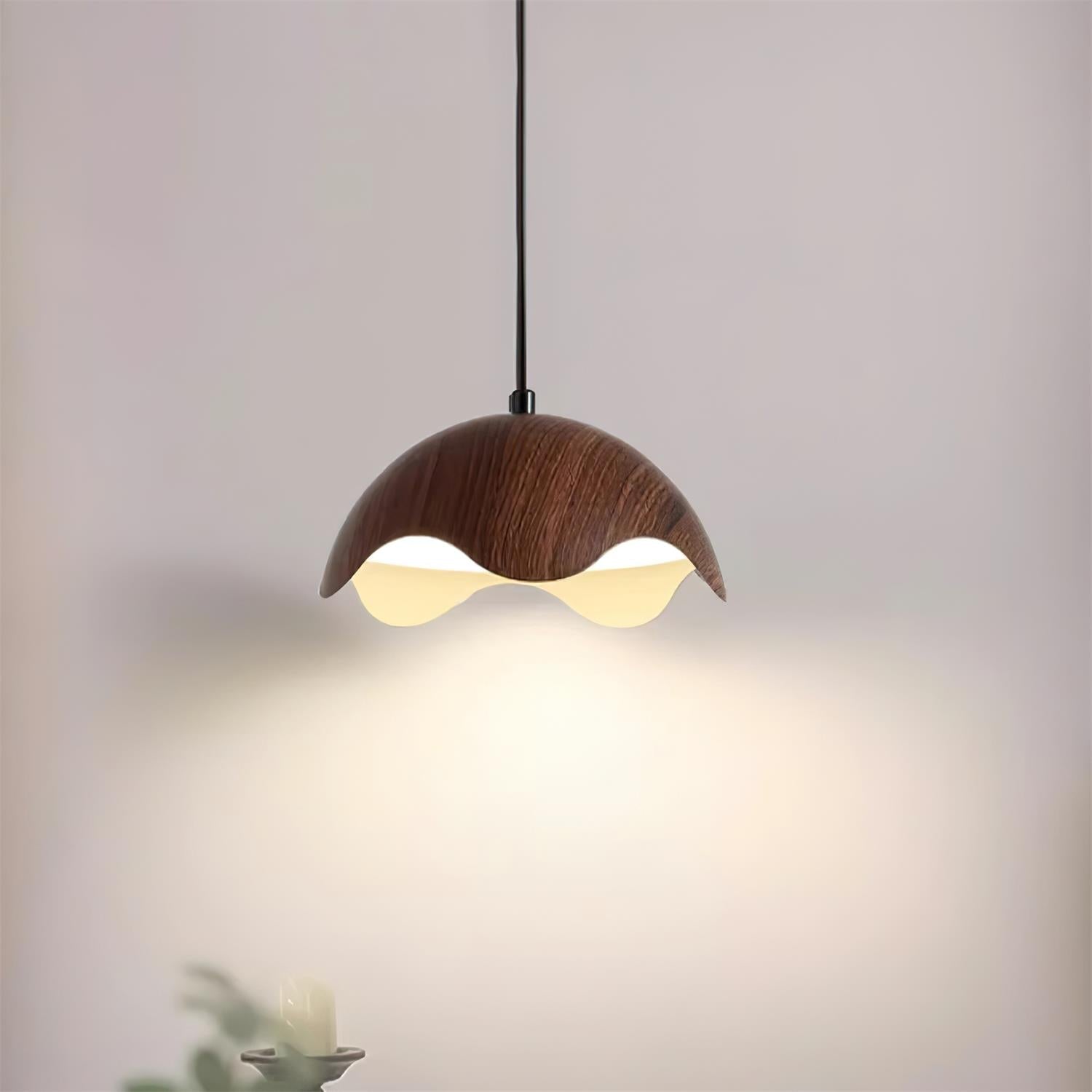Pendant Lamp Wood-Grain Metal Shade Wave Ambient Minimalist