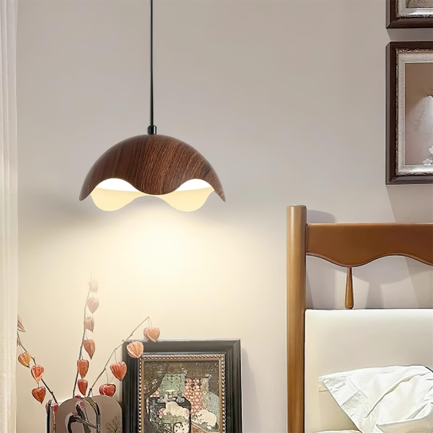 Pendant Lamp Wood-Grain Metal Shade Wave Ambient Minimalist