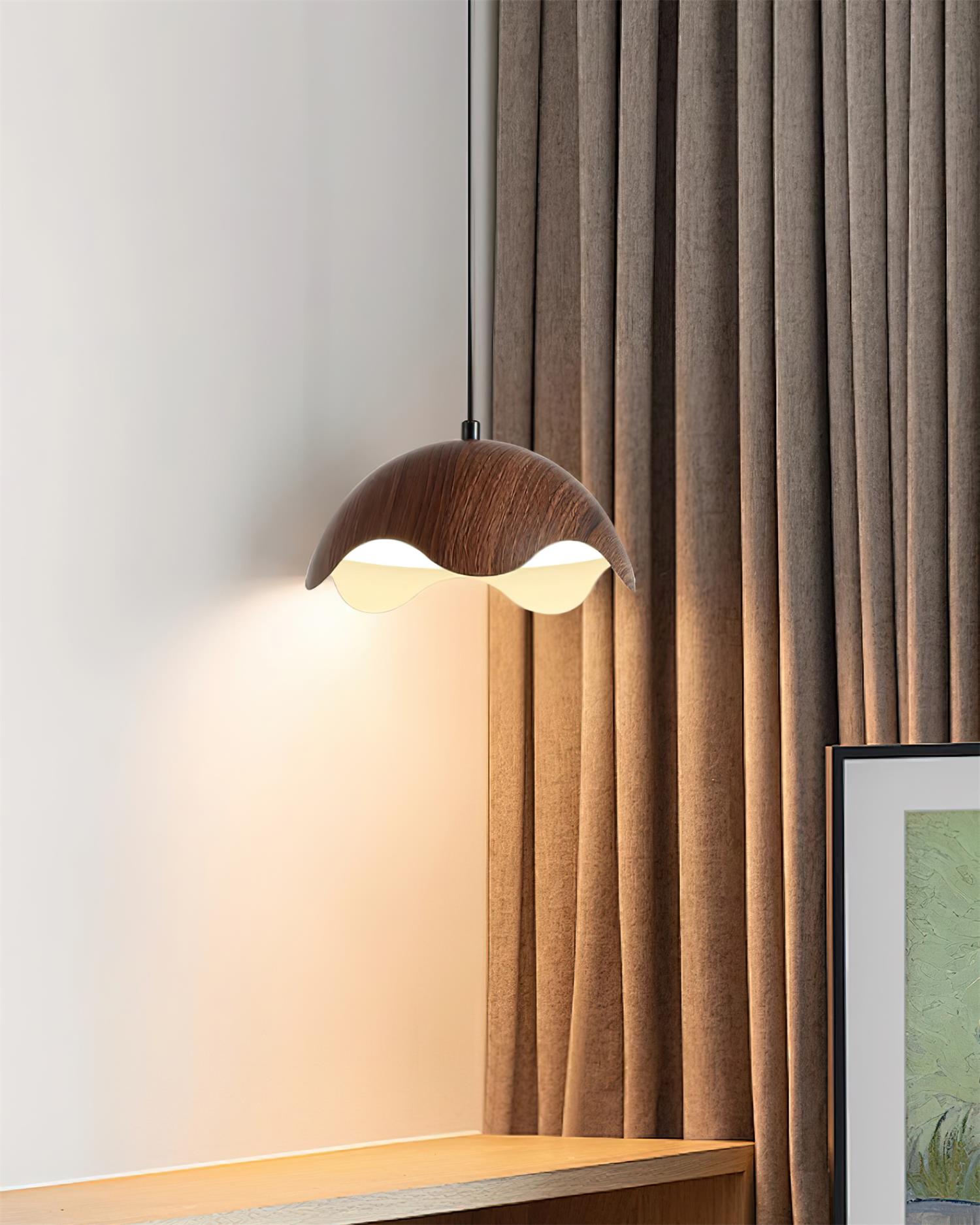 Pendant Lamp Wood-Grain Metal Shade Wave Ambient Minimalist