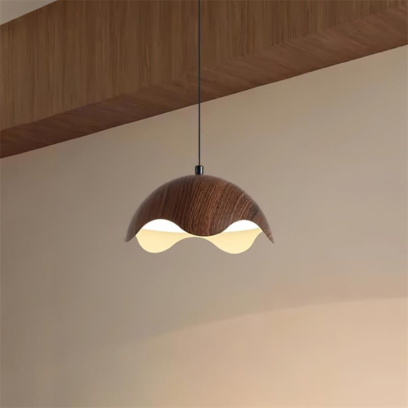 Pendant Lamp Wood-Grain Metal Shade Wave Ambient Minimalist