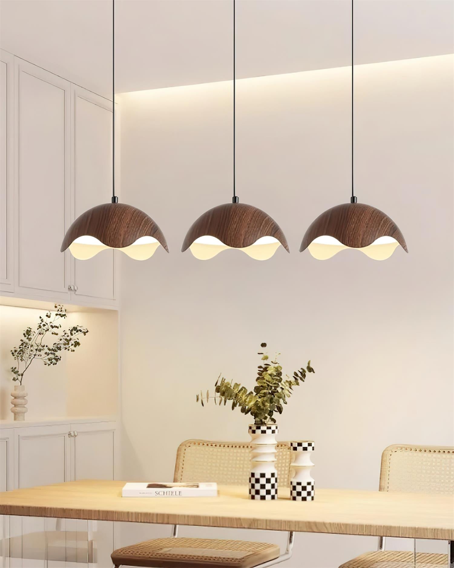 Pendant Lamp Wood-Grain Metal Shade Wave Ambient Minimalist