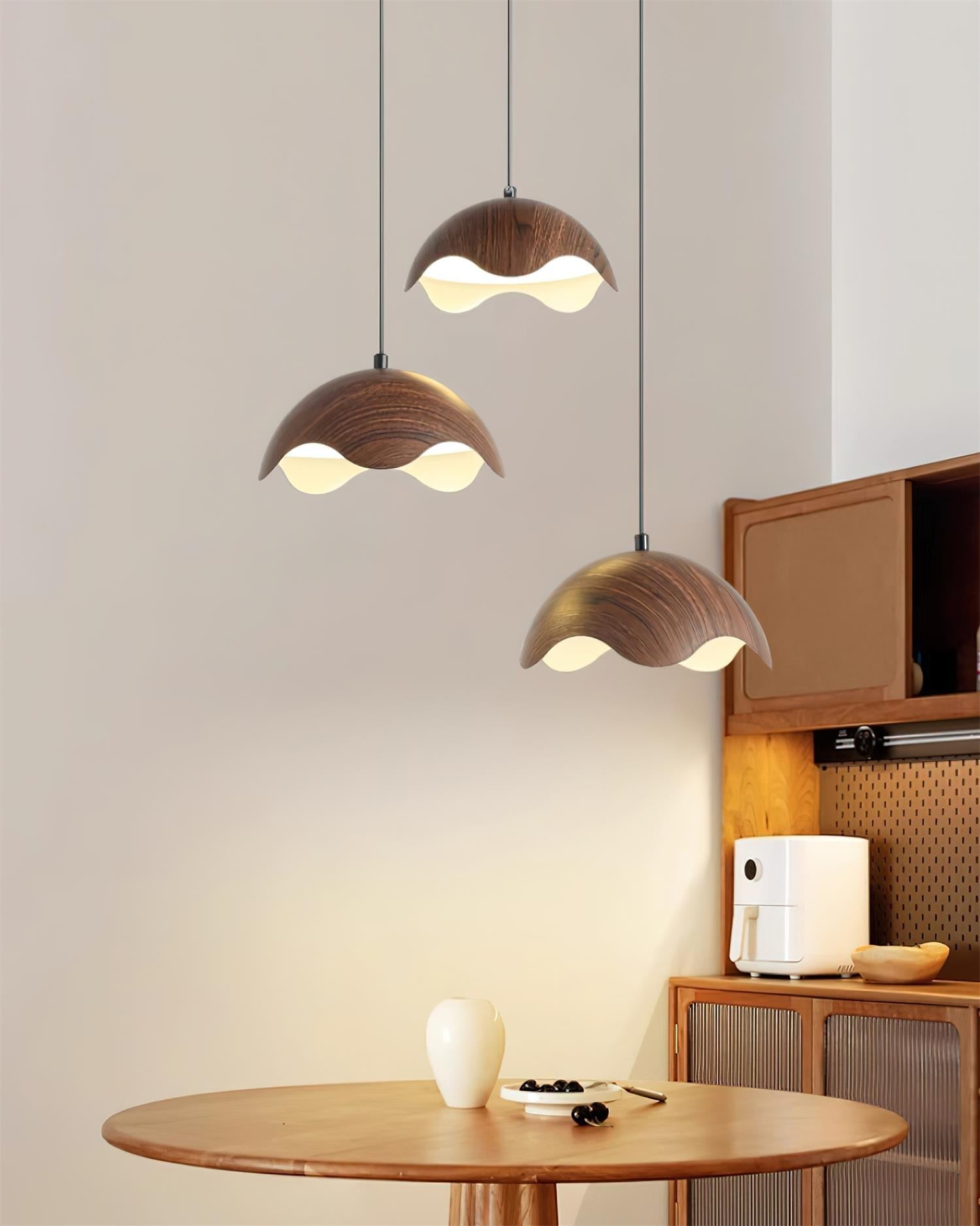 Pendant Lamp Wood-Grain Metal Shade Wave Ambient Minimalist