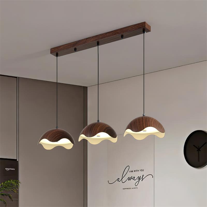 Pendant Lamp Wood-Grain Metal Shade Wave Ambient Minimalist