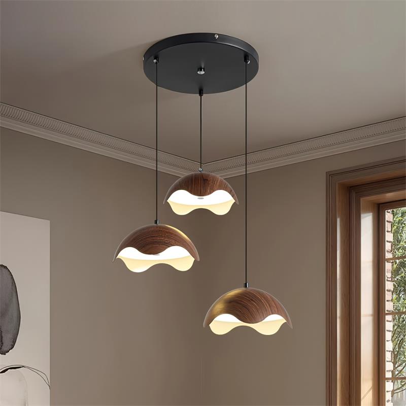 Pendant Lamp Wood-Grain Metal Shade Wave Ambient Minimalist