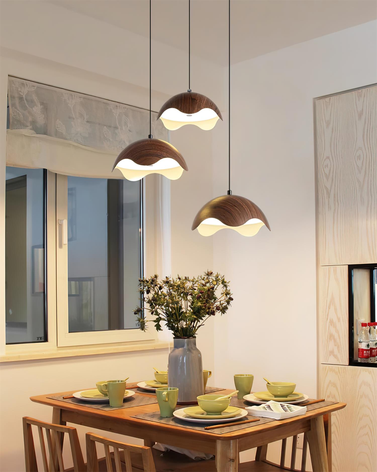 Pendant Lamp Wood-Grain Metal Shade Wave Ambient Minimalist