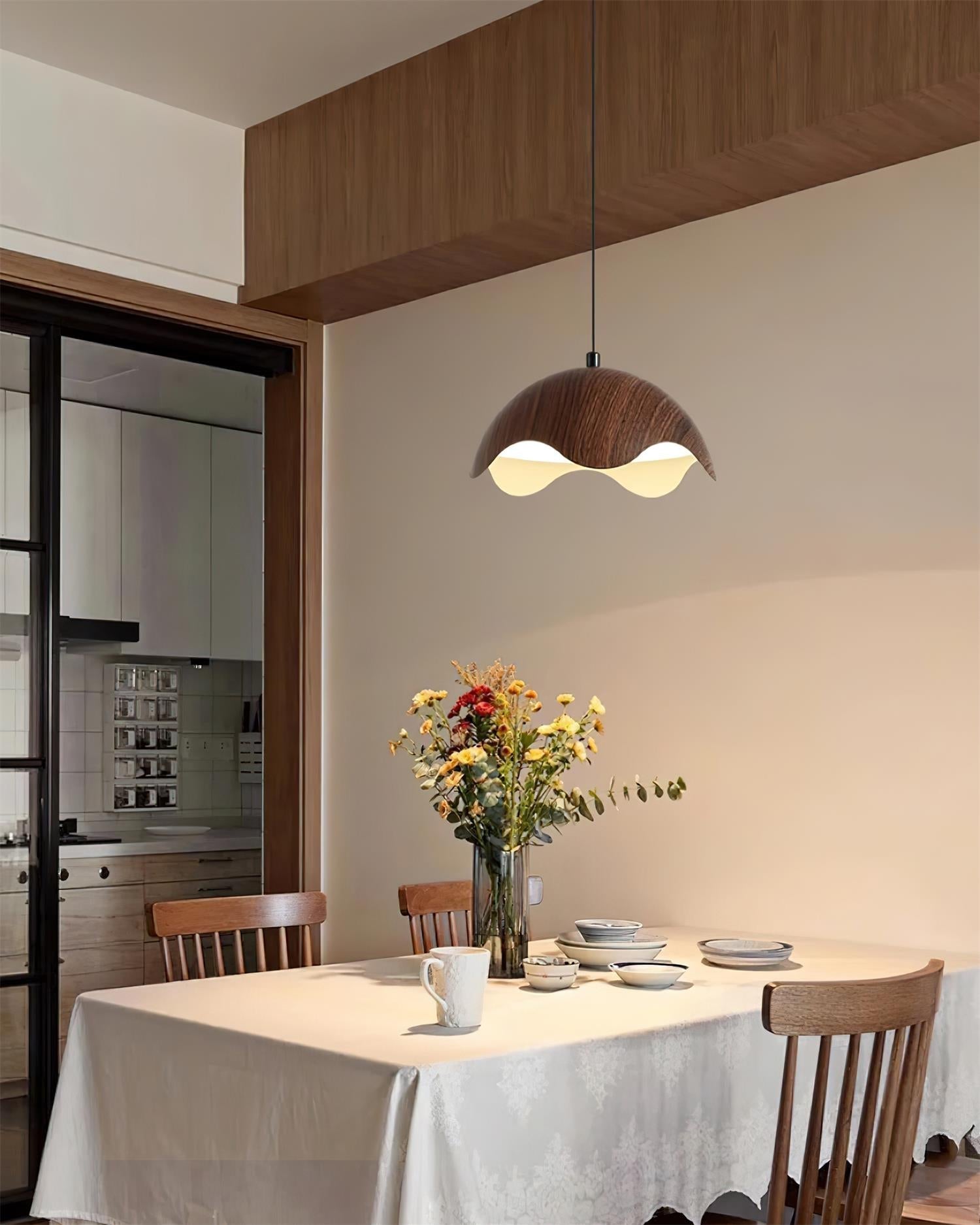 Pendant Lamp Wood-Grain Metal Shade Wave Ambient Minimalist