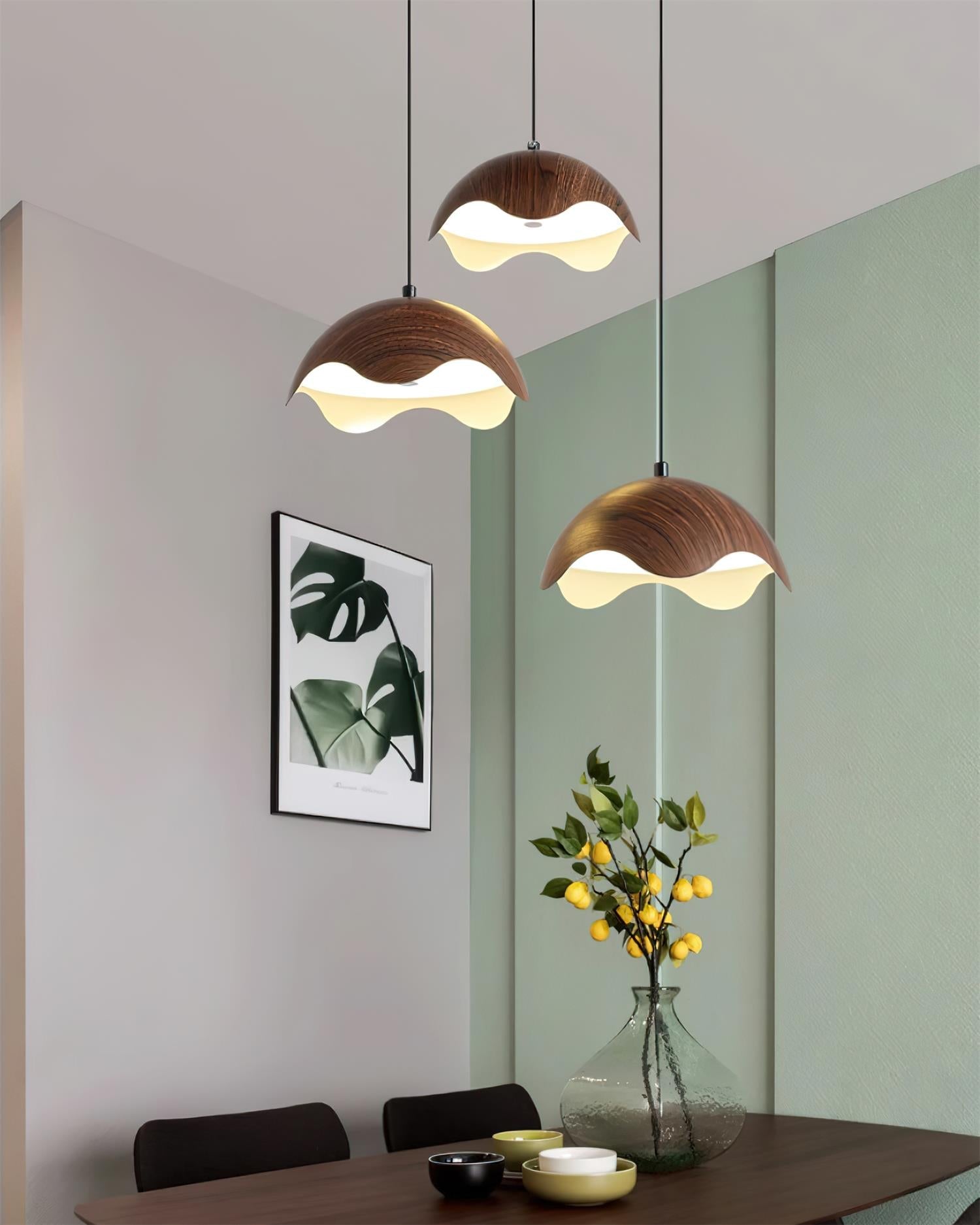 Pendant Lamp Wood-Grain Metal Shade Wave Ambient Minimalist