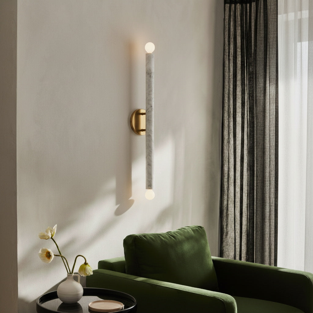 Close-up of the white marble with black veining on the Callaway wall lamp.