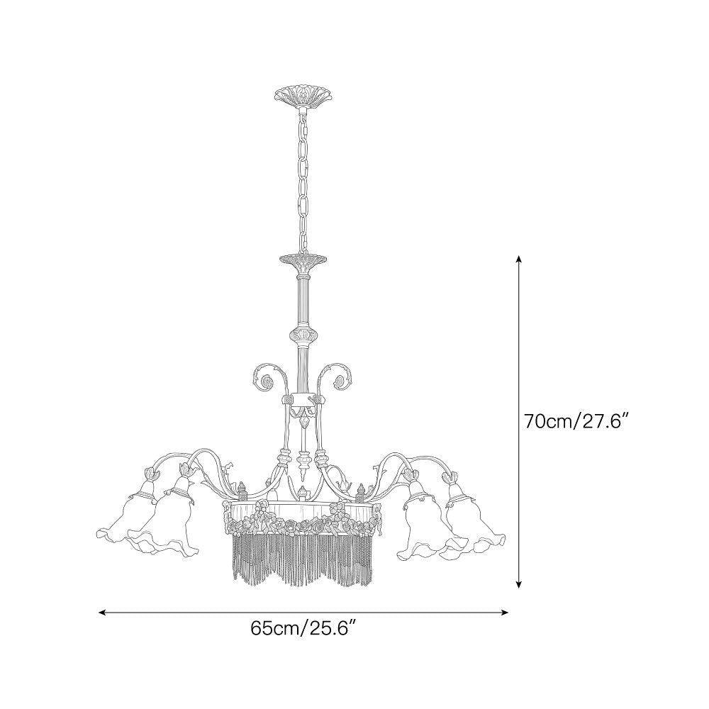 Detail shot of a flower-shaped frosted glass shade on the Camille Chandelier.