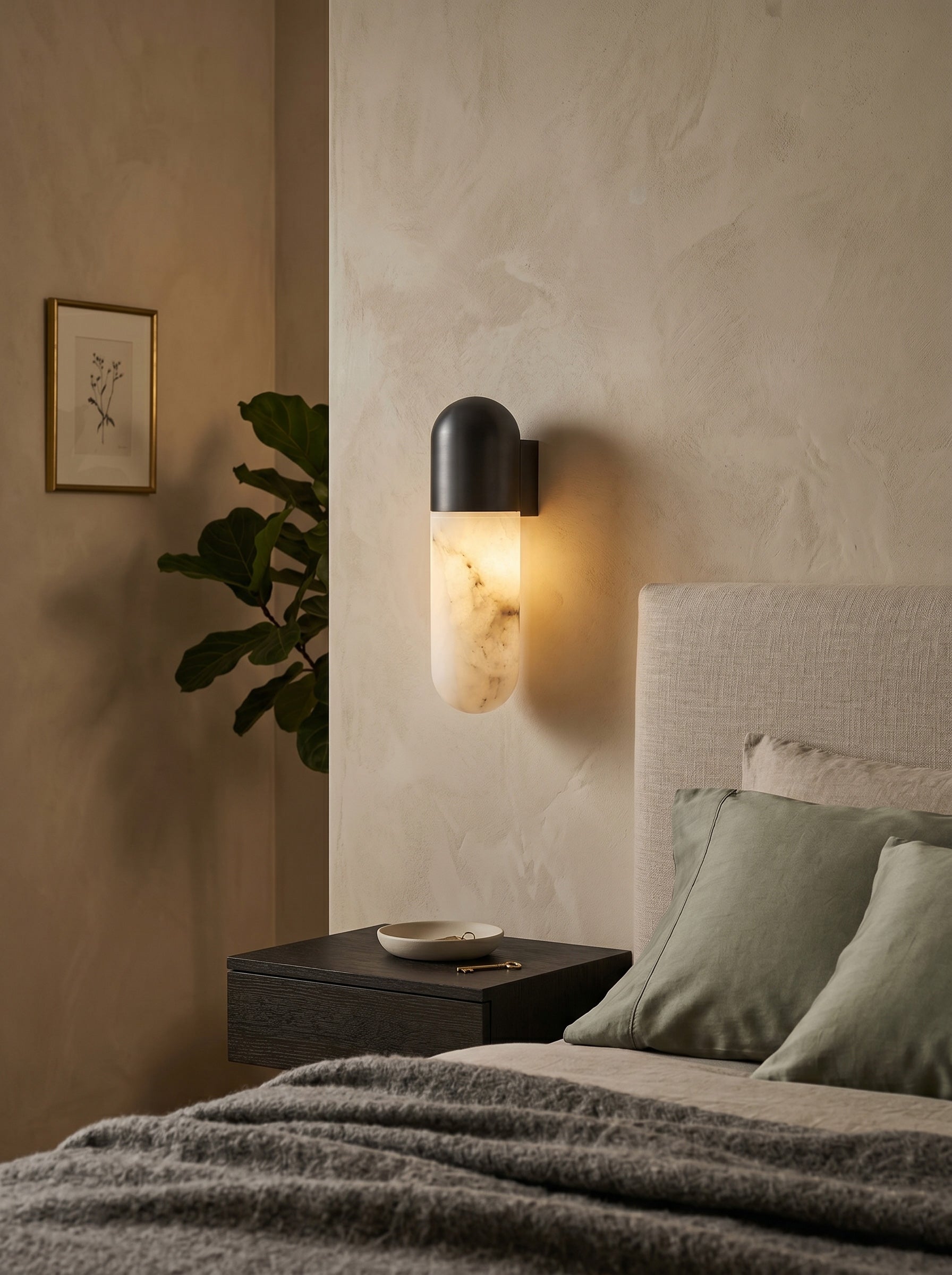 Side view of the pill-shaped alabaster wall lamp.
