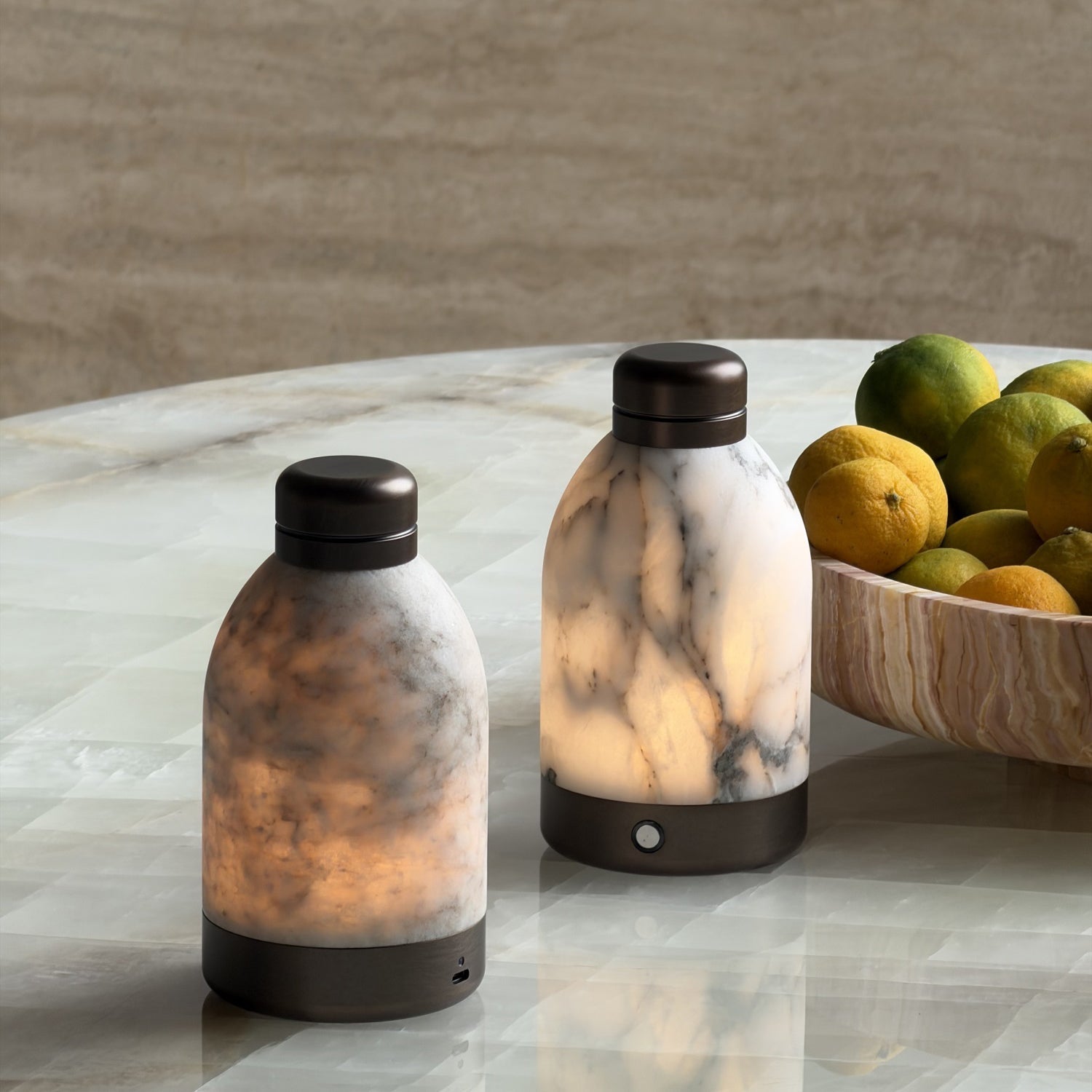Close-up of the alabaster lampshade's natural veining.