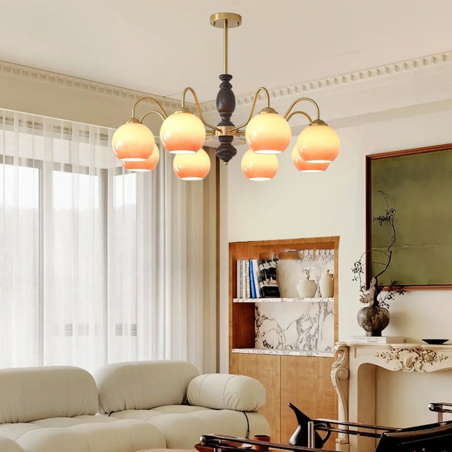 Aurora Chandelier Caramel Orb Curved Arm-Neutral Decor