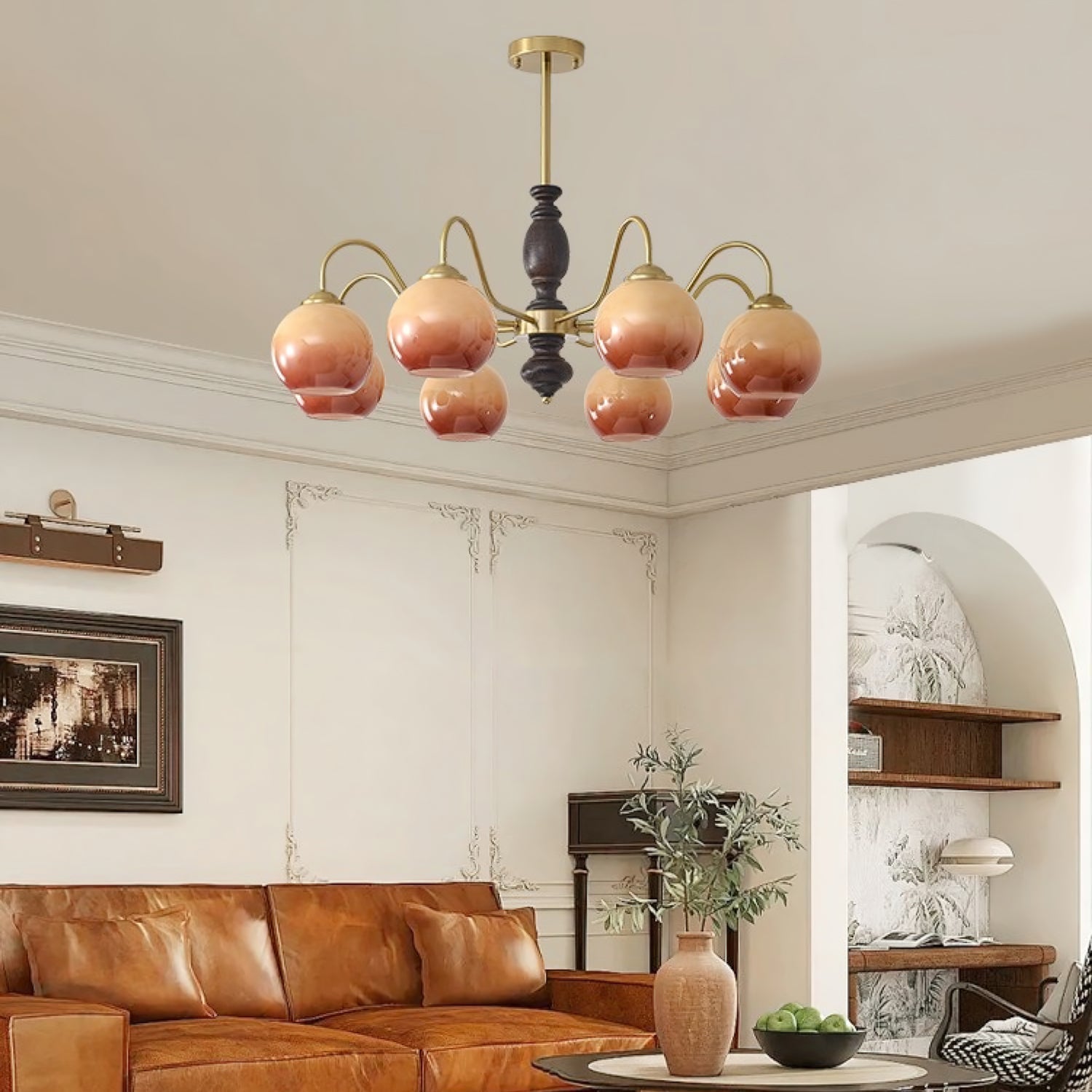 Aurora Chandelier Caramel Orb Curved Arm-Neutral Decor