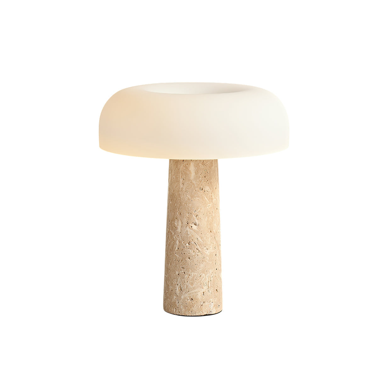 Carla Table Lamp in beige travertine on a wooden surface.