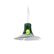 Carlo Pendant Light with a green and clear sculptural glass shade.