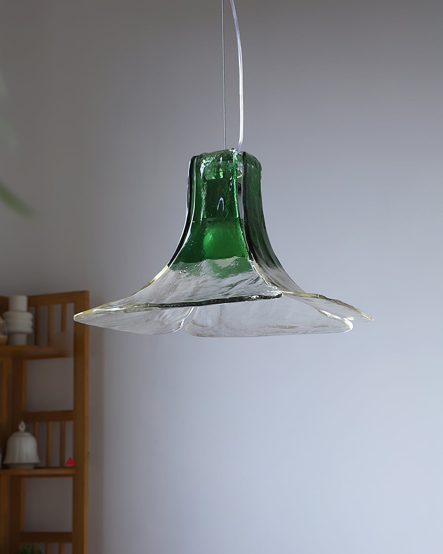 Close-up of the transition from green to clear glass on the Carlo Pendant Light.