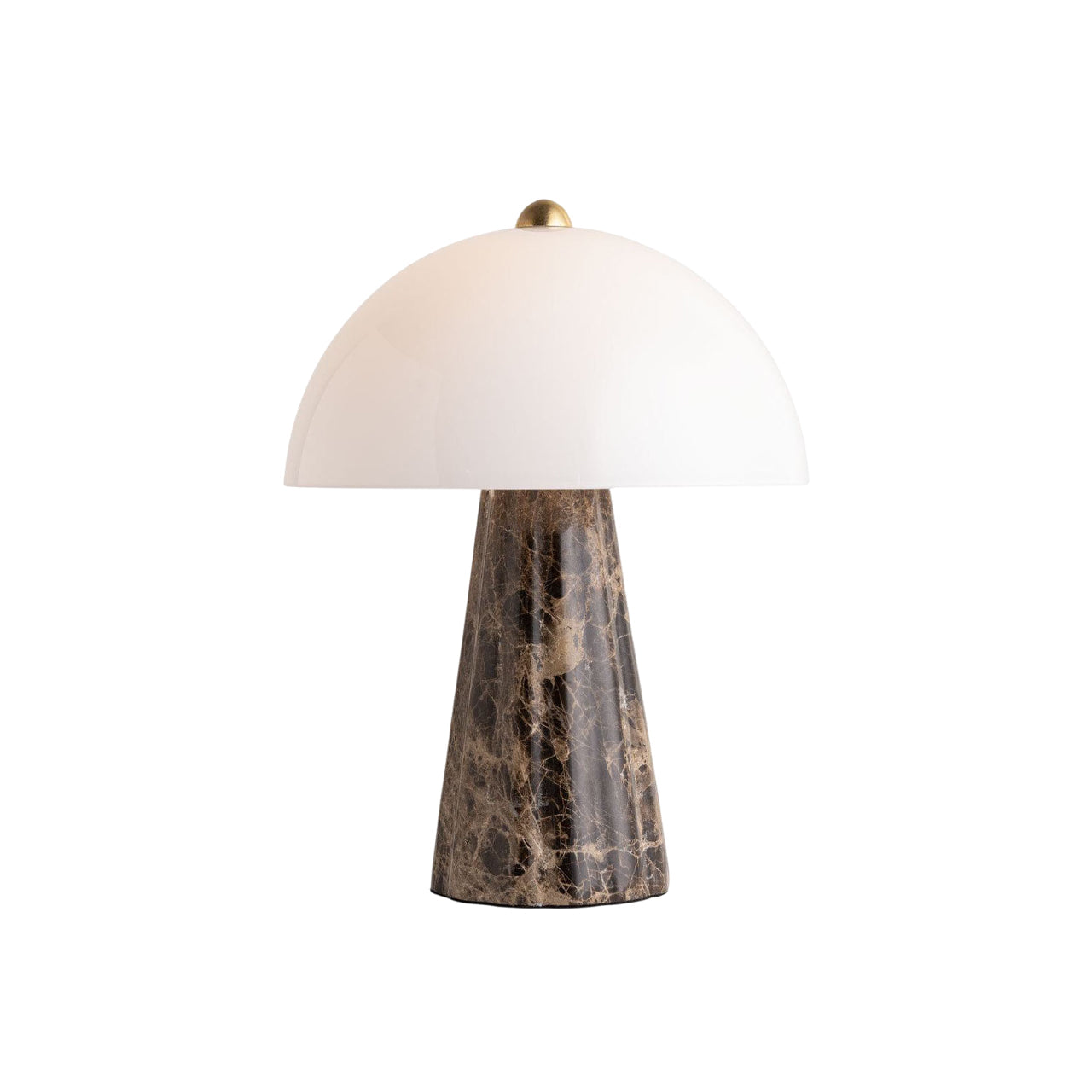 Carme Table Lamp with a brown marble body and glass shade.