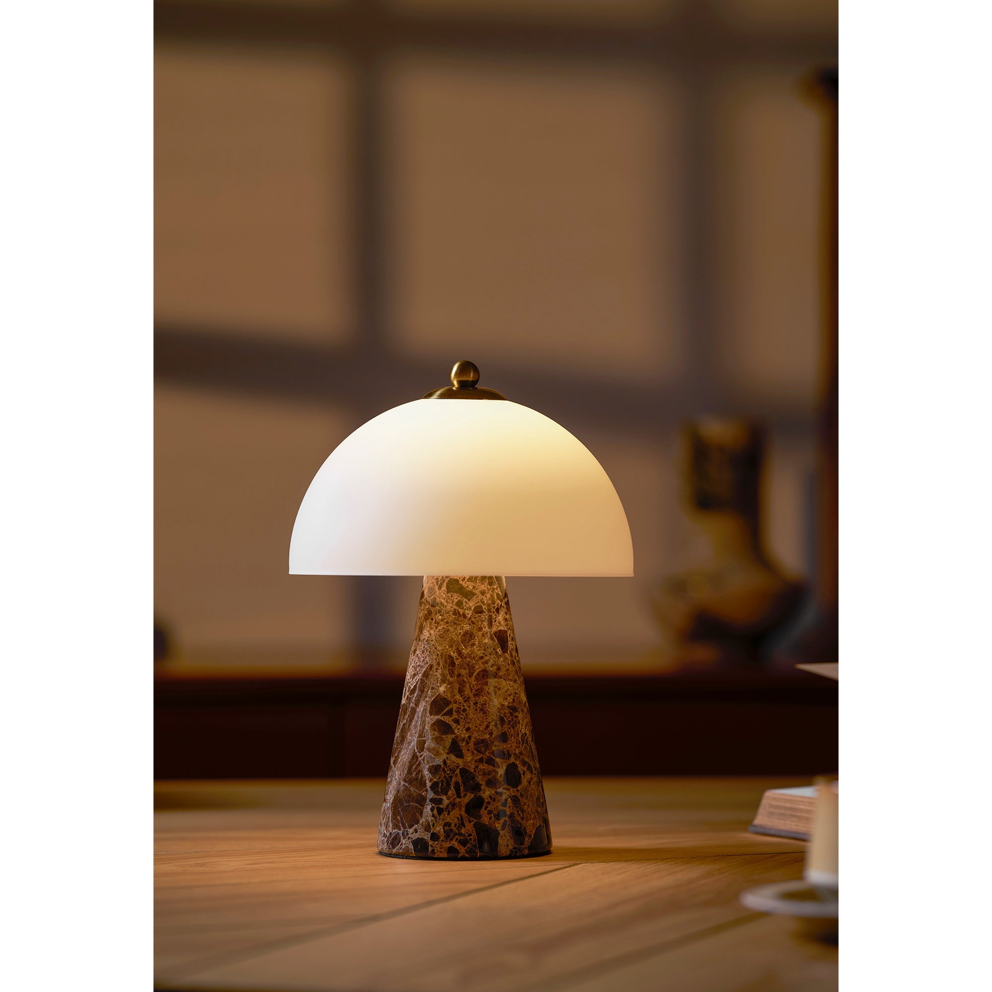 Comparison shot of the brown and white marble Carme Table Lamps.