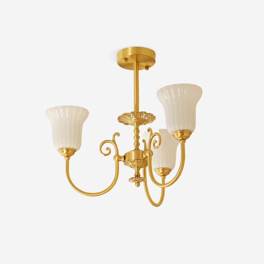 Chandelier with Brass Arms White Glass Shades Opulent Luxe