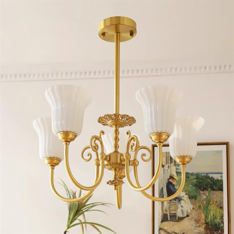 Chandelier with Brass Arms White Glass Shades Opulent Luxe