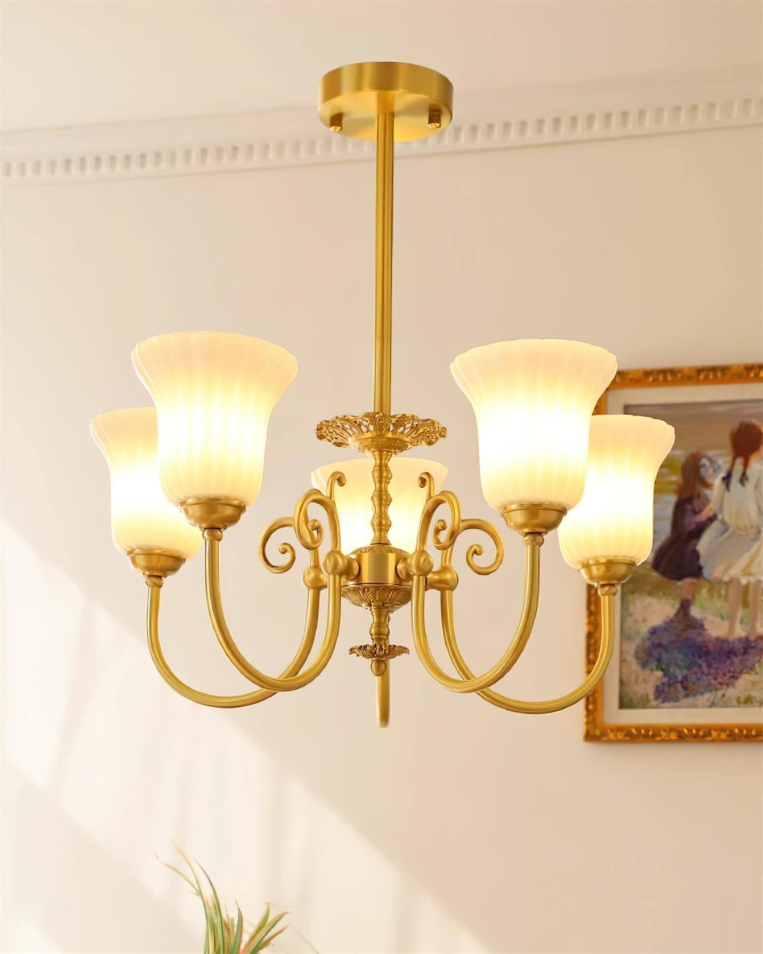Chandelier with Brass Arms White Glass Shades Opulent Luxe