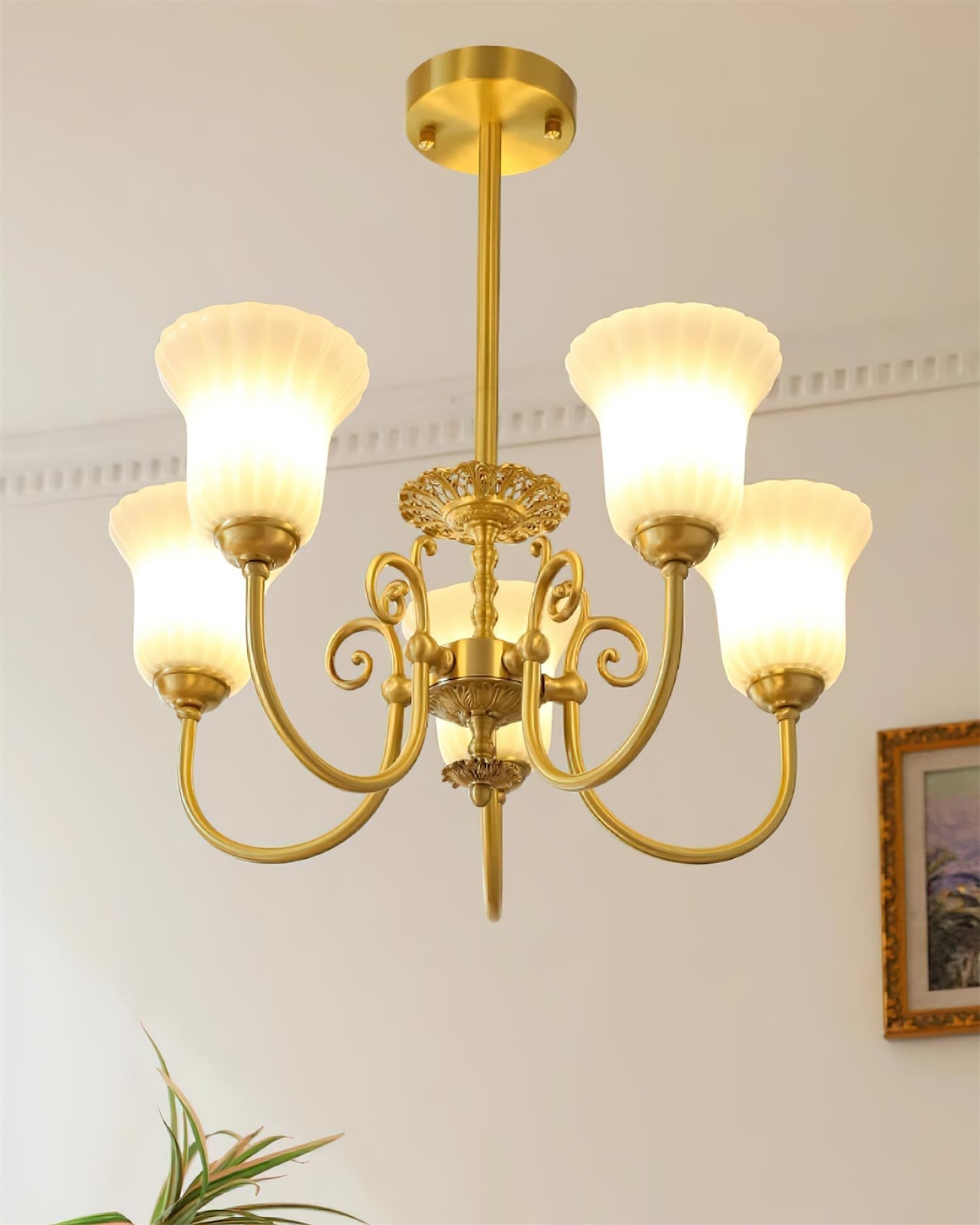 Chandelier with Brass Arms White Glass Shades Opulent Luxe